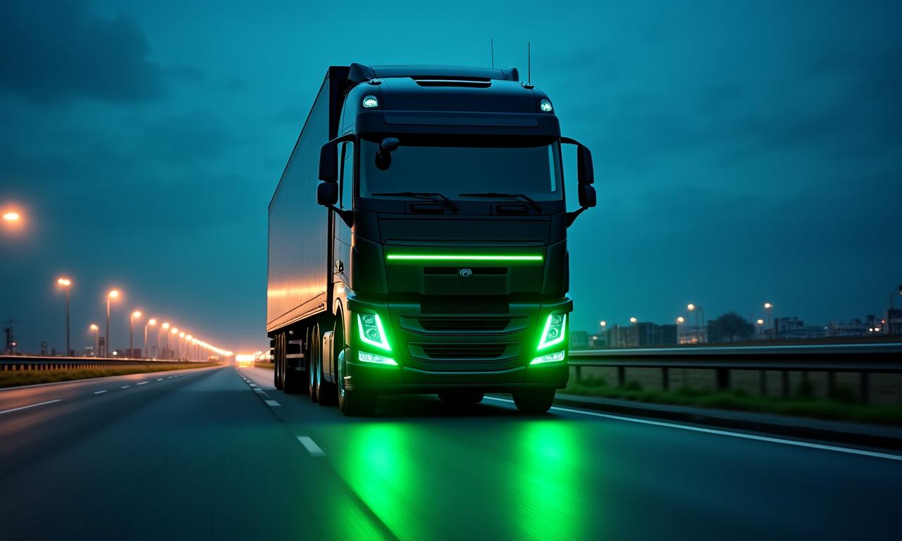 A high-tech transport truck moving cargo at night