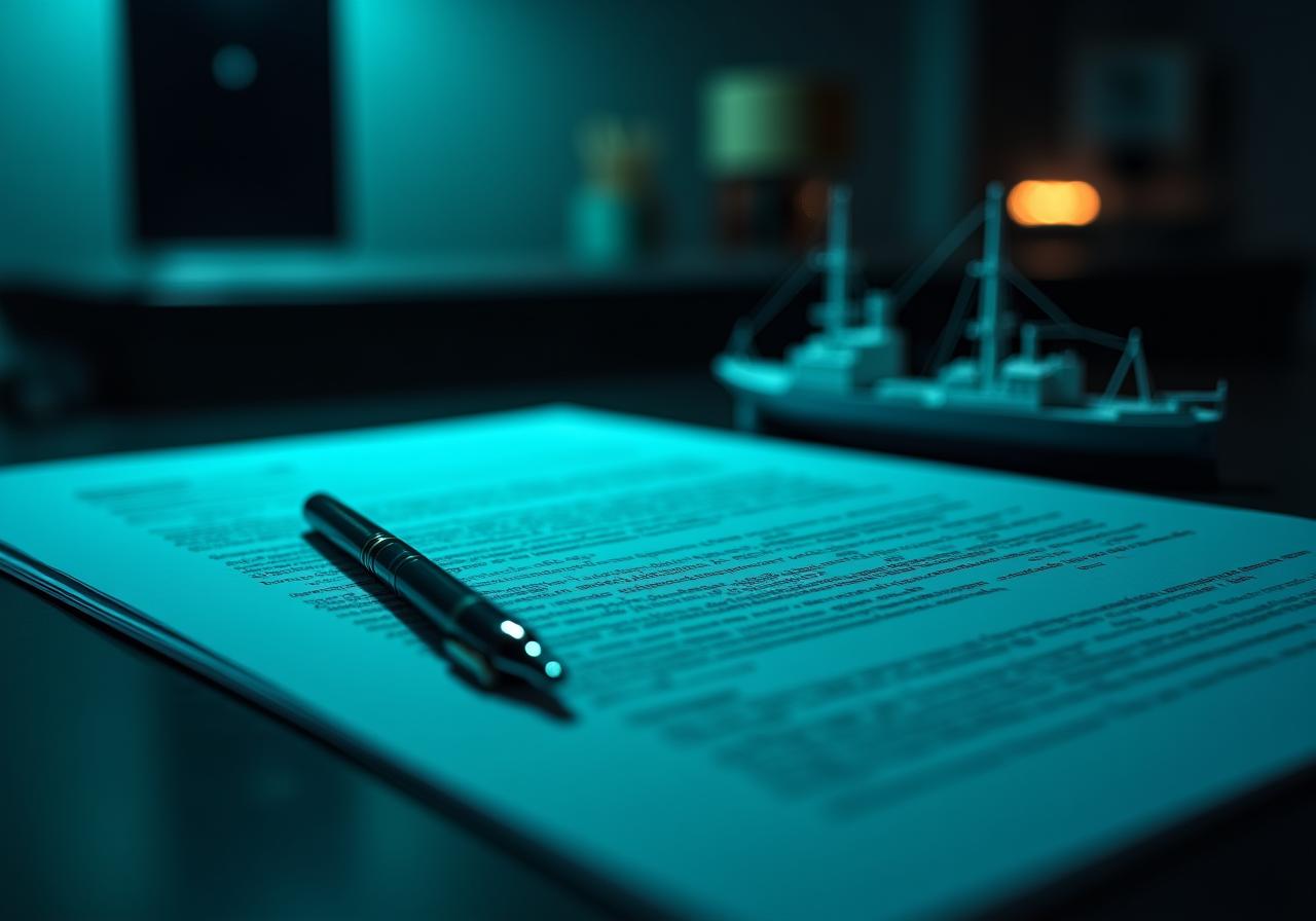 Legal documents and logistics planning on a dark desk